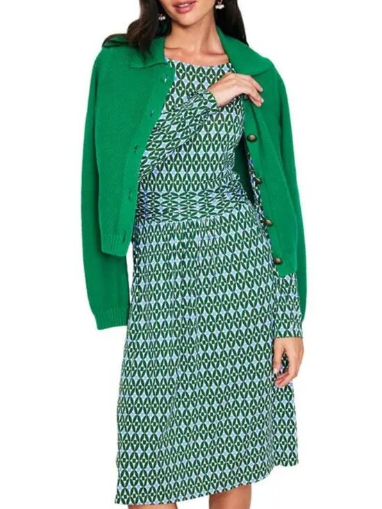 Boden Dresses & Skirts - Boden Amelie Long Sleeve Jersey Dress 10R Green Pine Diamond Trellis Pockets